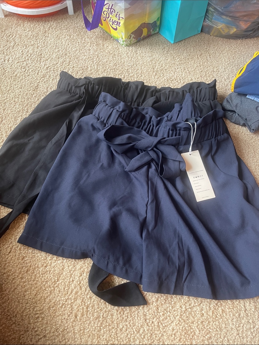 High-Waist Tie-Belt Paperbag Shorts - Navy